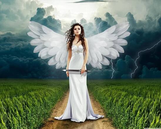 Majestic Angel with Sword in the Heavenly Sky Wallpaper