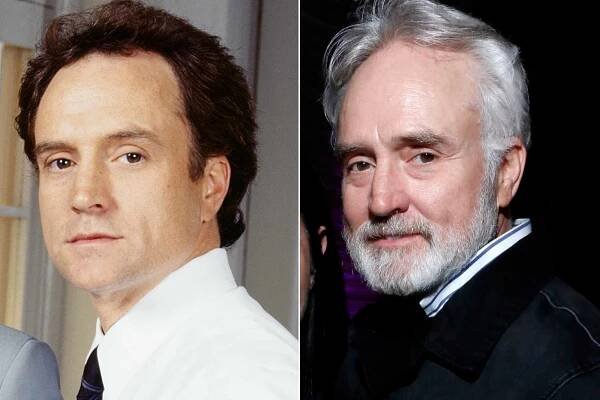 Bradley Whitford in "The West Wing" next to a photo of him at an event for "Perfect Harmony" in 2019.