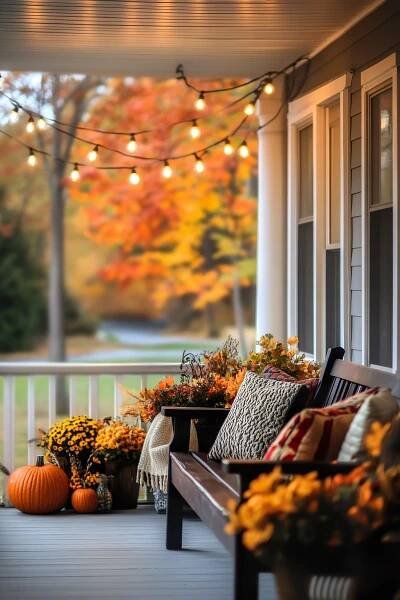 Cozy porch with autumn decor, featuring string lights, pumpkins, and a bench with pillows and a throw blanket, with fall foliage in the background.