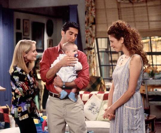 Jennifer Aniston as Rachel Green, Jane Sibbett as Carol Willick, David Schwimmer as Ross Geller, unknown as Ben Geller-Willick, Jessica Hecht as Susan Bunch