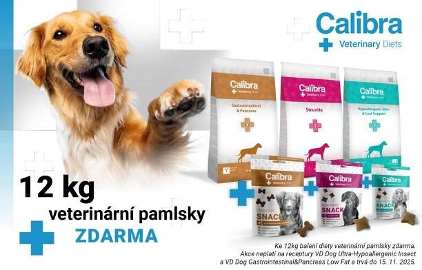 Obrázek psa, 3 pytlov granulí a 3 druhů pamlsků Calibra VD + text: 12kg balení + veterinární pamlsky ZDARMA do 15.11.2025