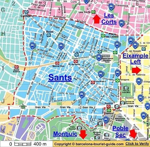 Mapa zobrazující parkoviště v blízkosti města Sants v Barceloně, Španělsko. Kliknutím na modré popisky parkovišť se dostanete na stránku s podrobnými informacemi o daném parkovišti.