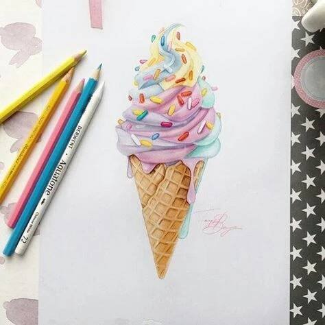a drawing of an ice cream cone with sprinkles and rainbow colored crayons