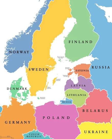 Oblast Baltského moře, barevné země, politická mapa s národními hranicemi a anglickými názvy. Země podél pobřeží Baltského moře, s okolními zeměmi v Evropě. Izolovaná ilustrace. — Ilustrace