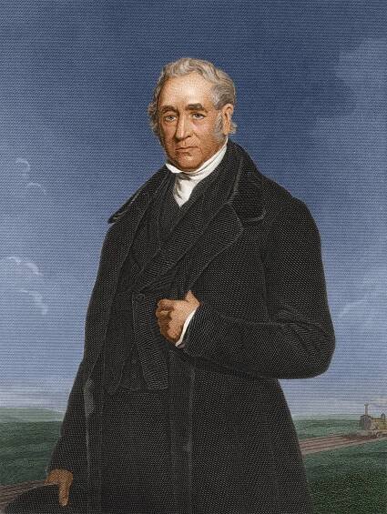Hand-colored engraved portrait of George Stephenson.
