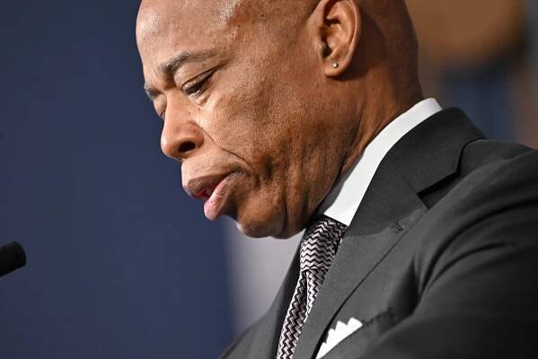 NYC Mayor Eric Adams holding a press conference at City Hall on February 5, 2025, after returning from a medical leave