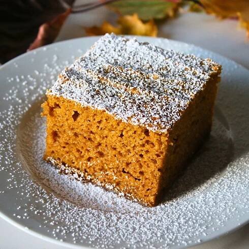 A slice of pumpkin cake topped with powdered sugar.
