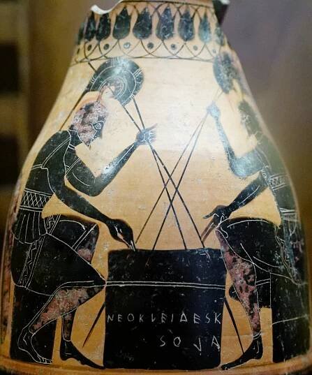 Achilles and Ajax playing the board game petteia, black-figure oinochoe, c. 530 BCE (Capitoline Museums, Rome)