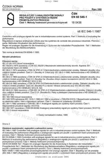 ČSN EN 60546-1 (180436) - Regulátory s analogovými signály pro použití v systémech řízení průmyslových procesů. Část 1