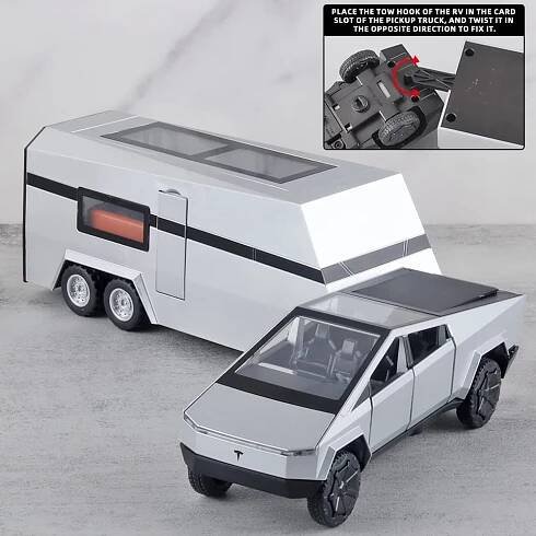 Model auta v měřítku 1/32 Cybertruck Pickup Přívěs tlakově litý, autíčko se zvukem a světlem pro děti Batole Boys Girls Collection