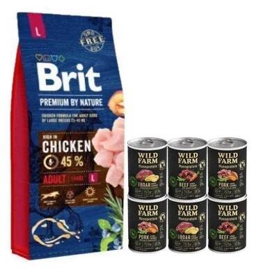 BRIT Premium By Nature Adult L 15kg & WILD FARM Monoprotein Mix chutí 6x400g hypoalergenní krmivo pro psy