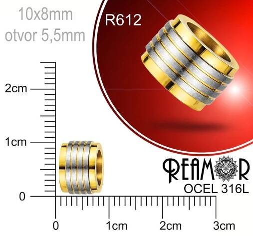 Korálek tvarovaný Reamor CHIRURGICKÁ OCEL ozn.-R612. Velikost 10x8mm otvor 5,5mm.