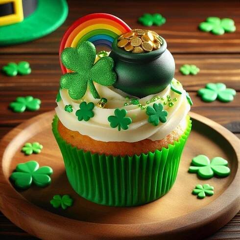 A cupcake decorated for St. Patrick's Day. The cupcake is frosted green and topped with a small, black pot overflowing with yellow chocolate coins.