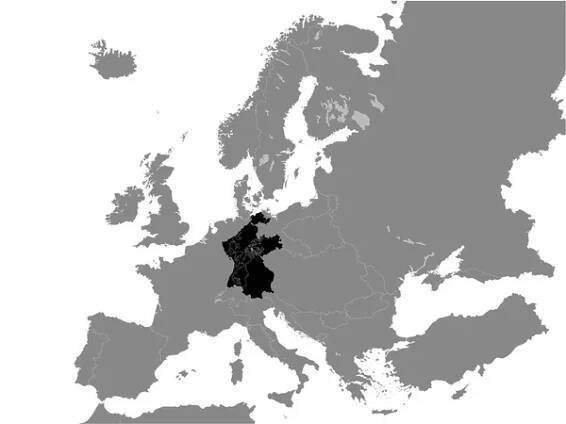 Černá plochá mapa Svazu Rýna (1812) uvnitř šedé mapy Evropy — Ilustrace
