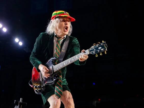Angus Young performing at Ford Field on April 30, 2025 in Detroit, Michigan.