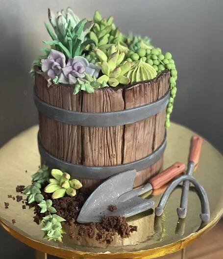 there is a cake made to look like a barrel with succulents in it