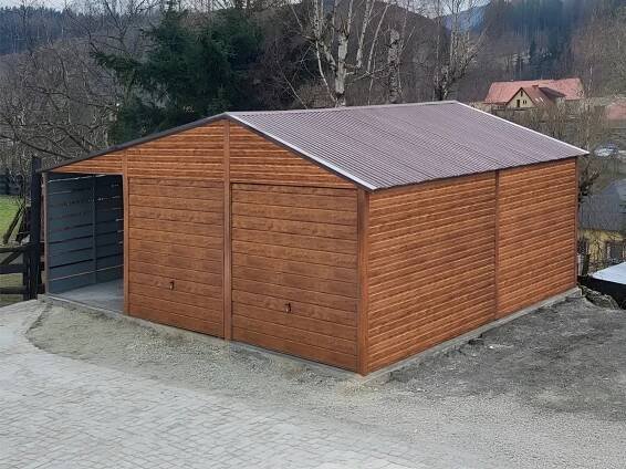 Dvojgaráž plechová, 6 x 5,5 m, s přístřeškem 3 m - LiderStal