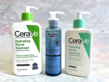 CeraVe Hydrating Facial Cleanser, Eucerin Hydrating Cleansing Gel, and CeraVe Foaming Facial Cleanser. 