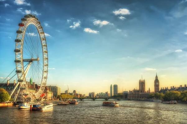 View over London Eye, Thames River and Westminster at sunset