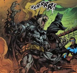 Comic book panel: Batman, infected with a Garro spore, transforms into a vicious, dog-like creature as Nightwing looks on in horror.
