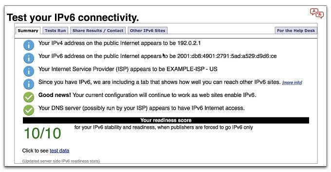 Otestuje připojení k IPv6.
