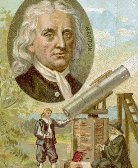 Sir Isaac Newton portrait with the scientist demonstrating the telescope below