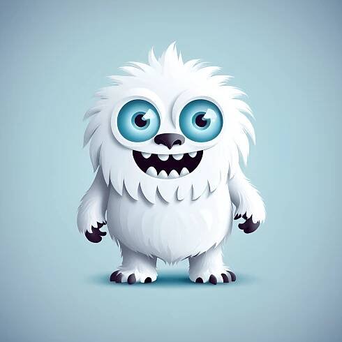 An adorable cartoon yeti with big blue eyes and fluffy white fur, illustrated in a digital art style. Perfect for children's books, games, and whimsical designs.