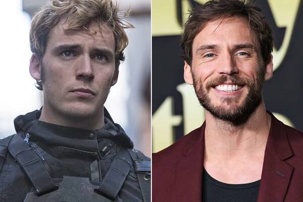 Left: Sam Claflin as Finnick Odair in 'The Hunger Games: Mockingjay — Part 2,' 2015; Right: Sam Claflin arrives at the L.A. premiere of 'Daisy Jones & the Six' on Feb. 23, 2023 