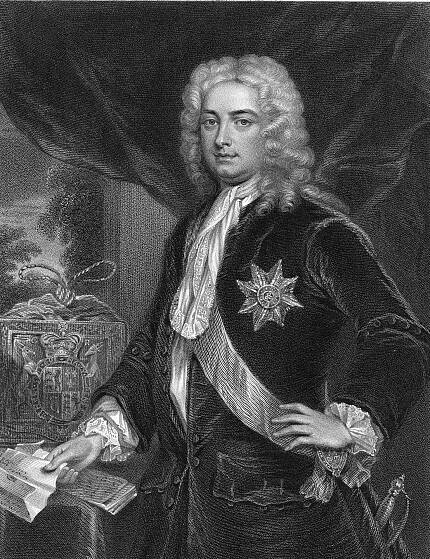 Engraved portrait of Robert Walpole in ornate attire, with curled wig and hand resting on documents.