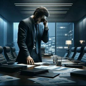 DALL·E 2024-01-22 23.11.05 - A highly detailed, realistic photo-style illustration, depicting a scene of a company executive in deep crisis. Foreground_ A male executive in a dark