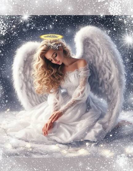 an angel sitting in the snow with her hands on her knees