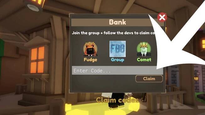 An arrow pointing at the codes menu in the Roblox game Pixel Blade.