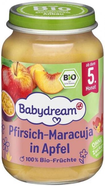 Babydream BIO Ovocné pyré jablko, broskev a marakuja