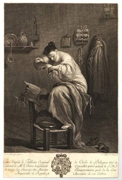 Engraving of a young woman bathing