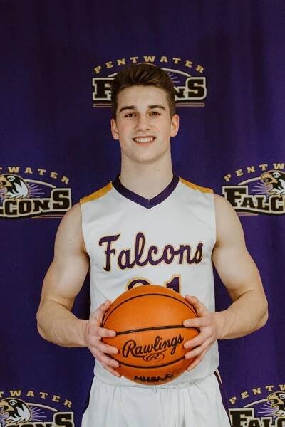 Basketball player in white Pentwater Falcons uniform holding a Rawlings basketball against purple backdrop.