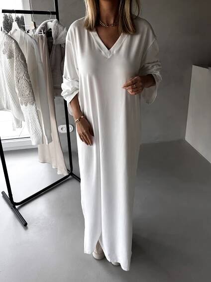 Bílé dlouhé oversize šaty HATHOR s dlouhým rukávem | Erika Fashion