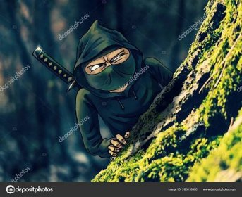 Stáhnout - Míchaná technika rastrové ilustrace ninja stínového bojovníka, vyhlížející zpoza stromu. — Stock obrázek