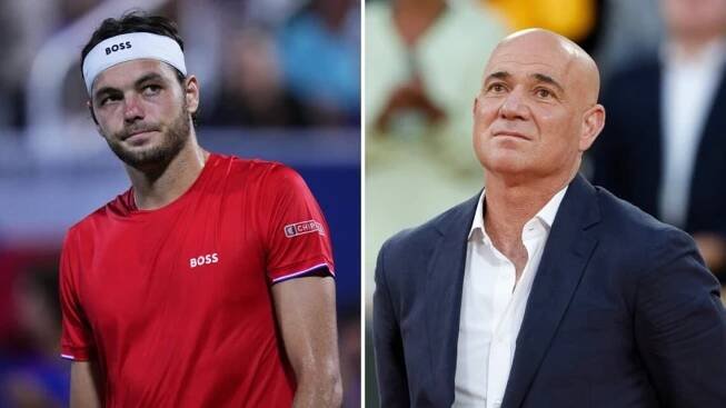 Split image of Taylor Fritz reacting at the 2025 Davis Cup and Andre Agassi attending the 2025 French Open final trophy ceremony