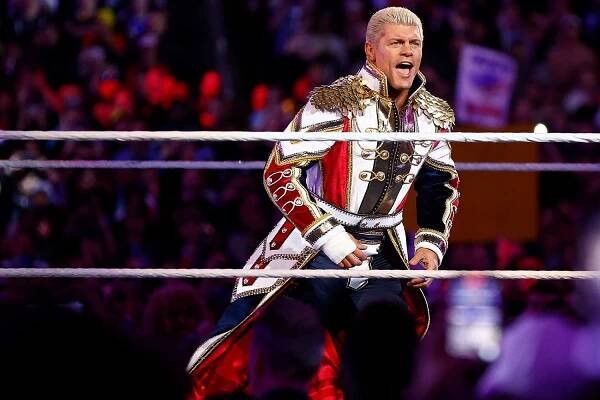 Cody Rhodes wrestles Roman Reigns for Undisputed WWE Universal Title Match during WrestleMania Goes Hollywood at SoFi Stadium on April 02, 2023 in Inglewood, California.