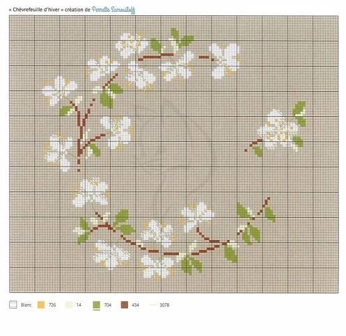 a cross stitch pattern with white flowers and green leaves