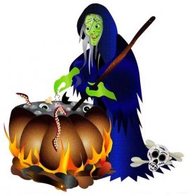 Graphic Illustration of a haggard witch brewing the pot over the fire filled with lots of eerie things.  Isolated on white background.. — Stock obrázek