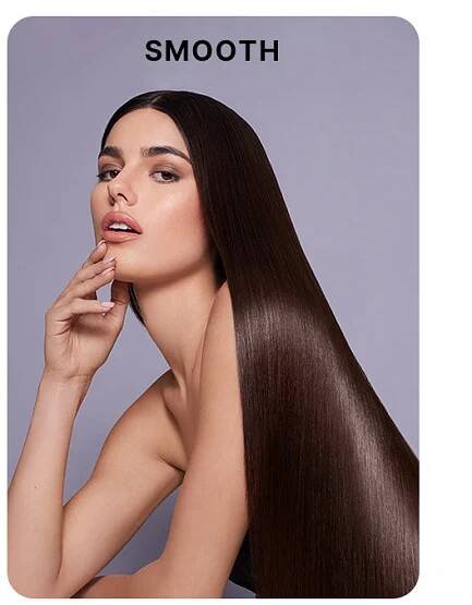 Model with ultra-sleek, glossy, dark brown straight hair cascading down one side, posed with hand near chin against a soft lavender background. Bold black text above reads: “SMOOTH.”
