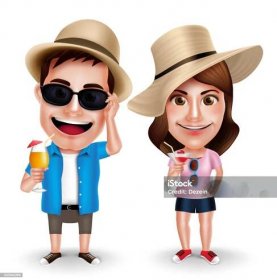 Letní dovolená Vektorové znaky párů pití šťávy - Bez autorských poplatků Kreslený vtip - Umělecký produkt vektorové obrázky