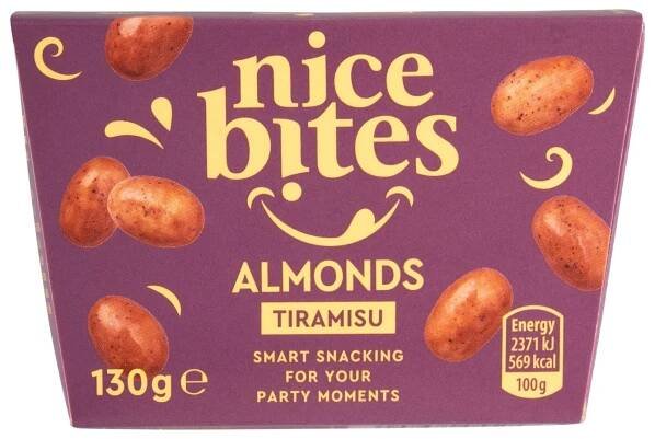 Nice Bites Pražená jádra mandlí v bílé a mléčné čokoládě s mletou kávou 130g