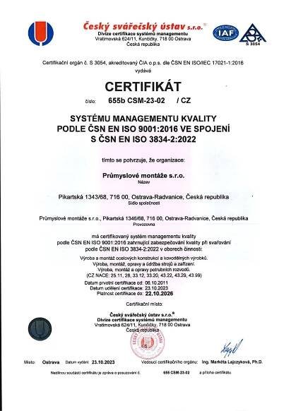 Certifikáty – Průmyslové montáže s.r.o.