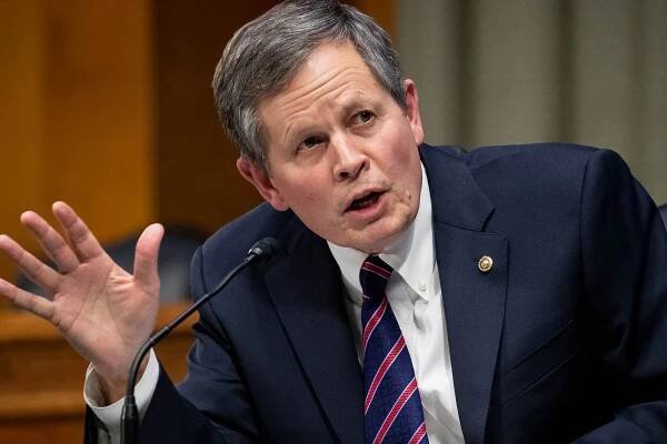 Sen. Steve Daines, R-Mont., speaks during a Senate Finance Committee hearing on the nomination of Xavier Becerra to be Secretary of Health and Human Services on Capitol Hill in Washington, Wednesday, Feb. 24, 2021.