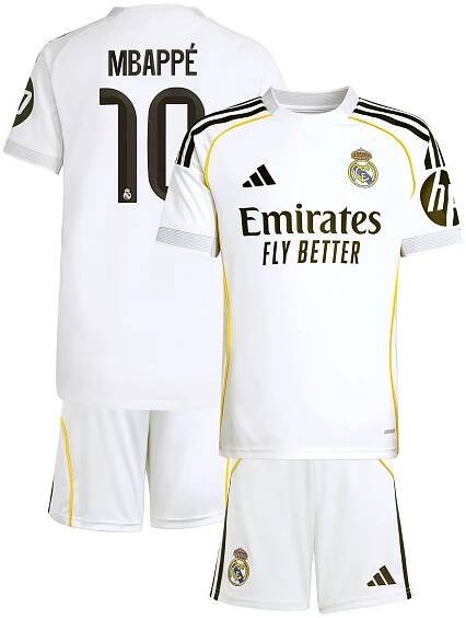 Real Madrid adidas Home Youthkit 2025-26 with Mbappé 10 printing