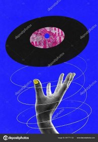 Download - Female hand and retro vinyl player against blue background. Turning on the music. Contemporary art collage. Concept of music, festival, party, creativity, inspiration. Ad. Colorful creative design — Stock Image
