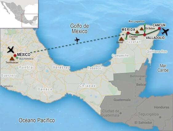 A map of mexico with a plane flying over it