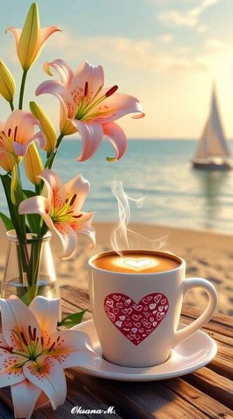a cup of coffee and some flowers on a table near the water with a sailboat in the background